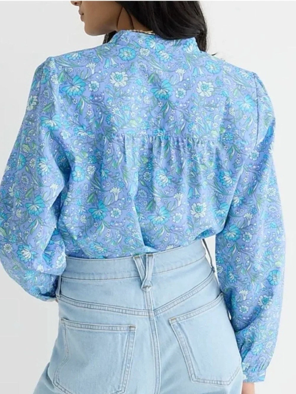 J.Crew Fresco Top blue floral cotton poplin popover feminine romantic office L